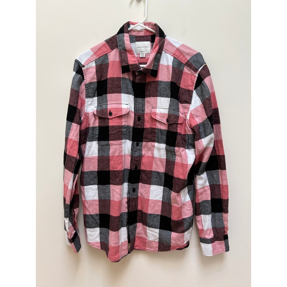 American Eagle Flannel Shirt Women L Pink Black White Buffalo Check Classic Fit